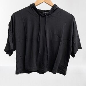 NEW Ambiance Cropped Short Sleeve Hooded T Shirt Black‎ Large